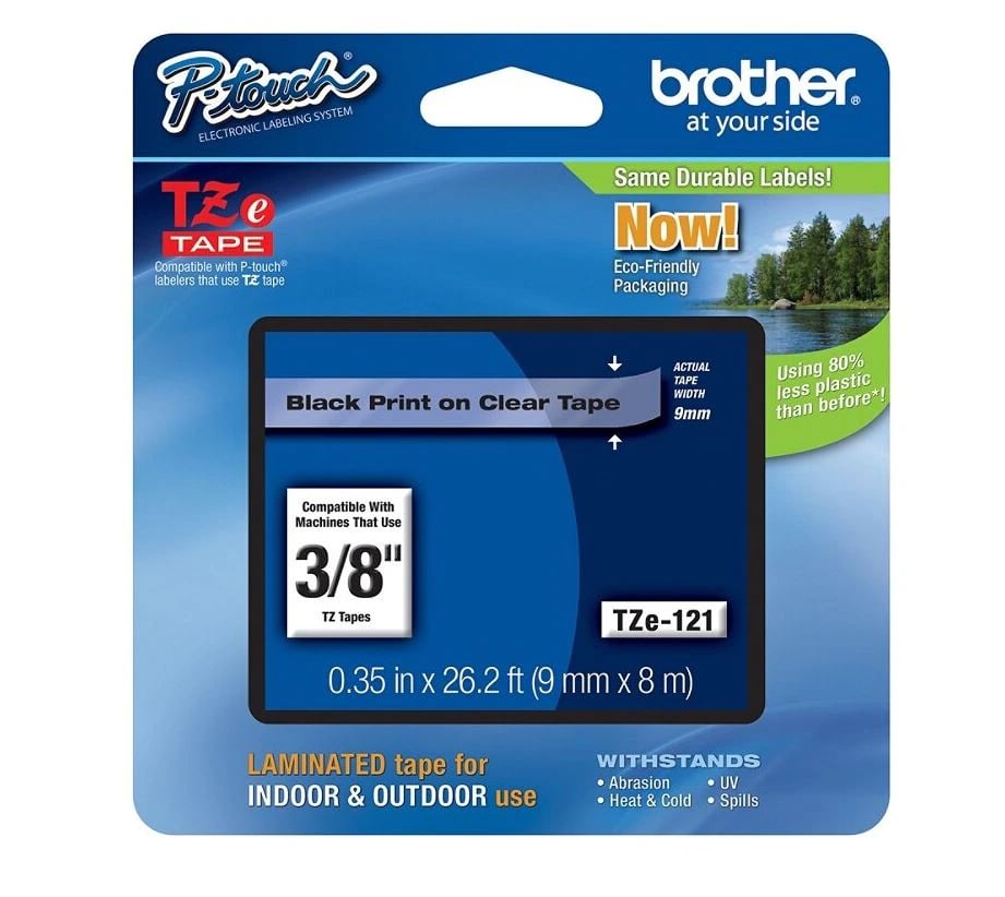 Brother TZe-121 Black-on-Clear Label Tape, 0.38" x 26.2' (9mm x 8m), 1/Pack