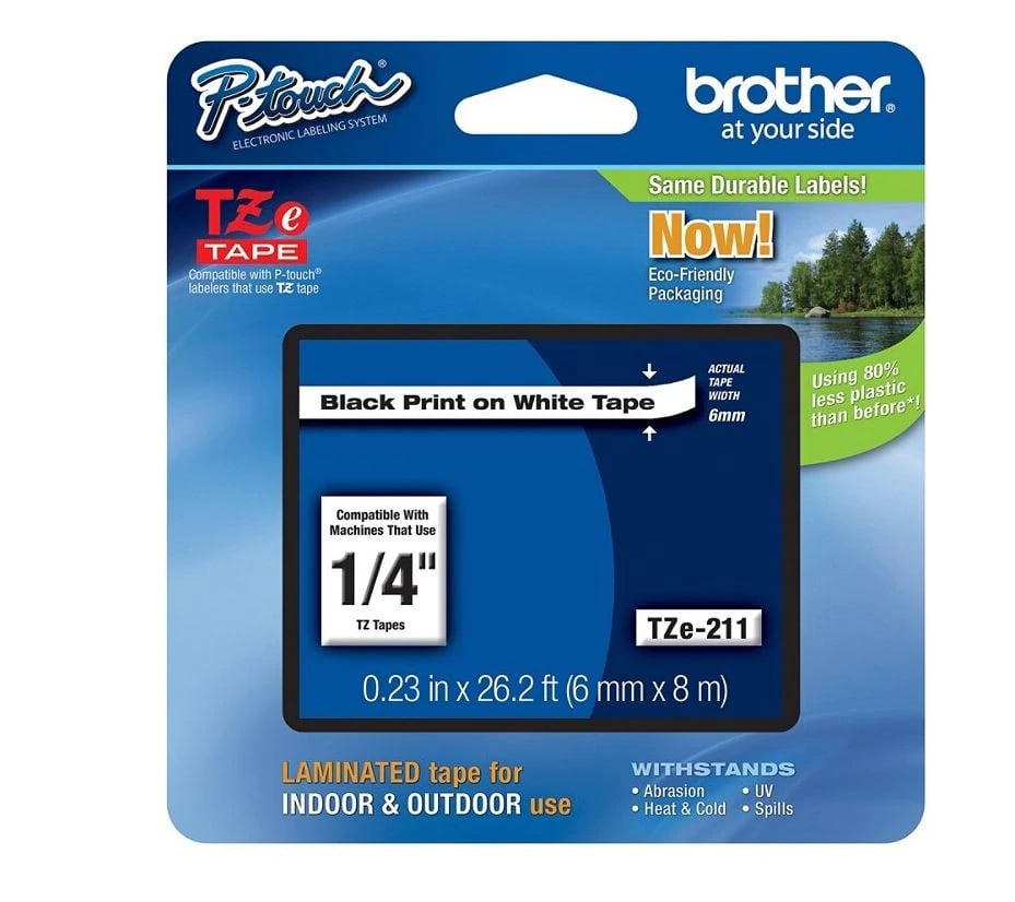 Brother TZe-211 Label Tape, 6mm (0.25"), Black Print on White, 26.2 ft