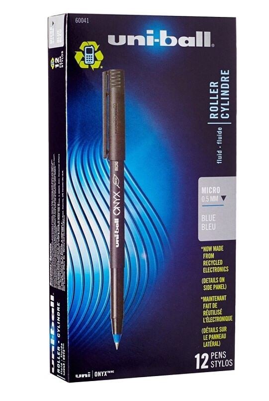 uni-ball Onyx Rollerball Pen, Micro Point 0.5 mm, Blue Ink, 12/Pack