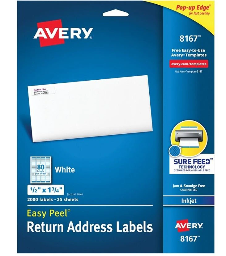 Avery White Inkjet Return Address Labels, 1/2" x 1.75", 2000 per Box (200 per Sheet), 2000ct