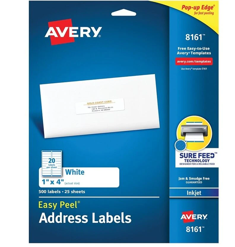 Avery White Inkjet Address Labels, 1" x 4", 500/Box