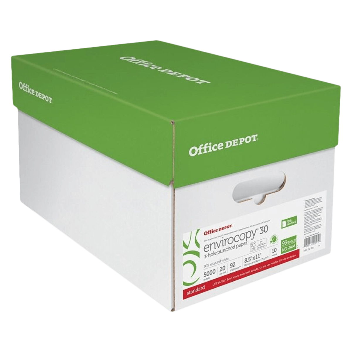 Office Depot Paper Copy Recycled, 3-Hole Punched, Letter, 20 Lb, 500 Sheets/Ream, 10/Box