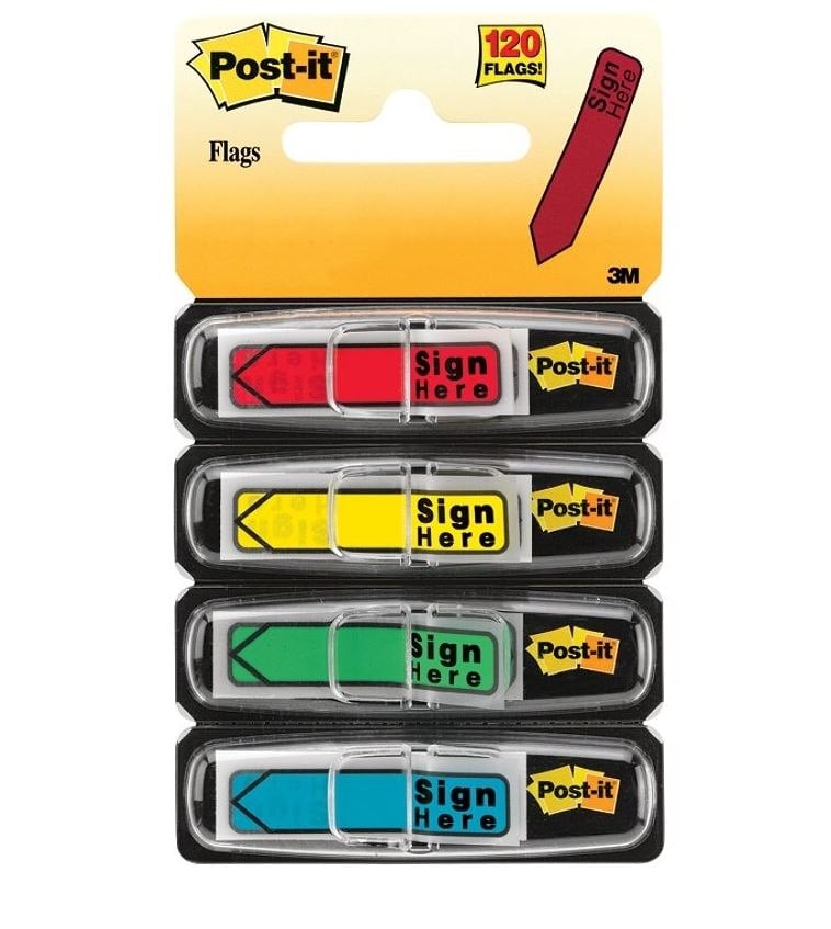 Sign Here Tape Flag, Arrow Printed, 1/2 in, Assorted Colors, 30 Flags/Pad, 4 Pads/Pack