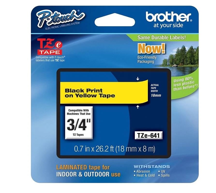 Brother TZe-641 Label Tape Cartridge, Black on Yellow, 3/4" x 26.2 ft