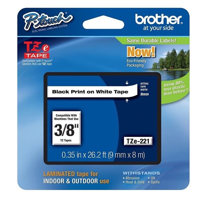 Brother TZe-221 Label Tape Cartridge, Black on White, 3/8" x 26.2 ft