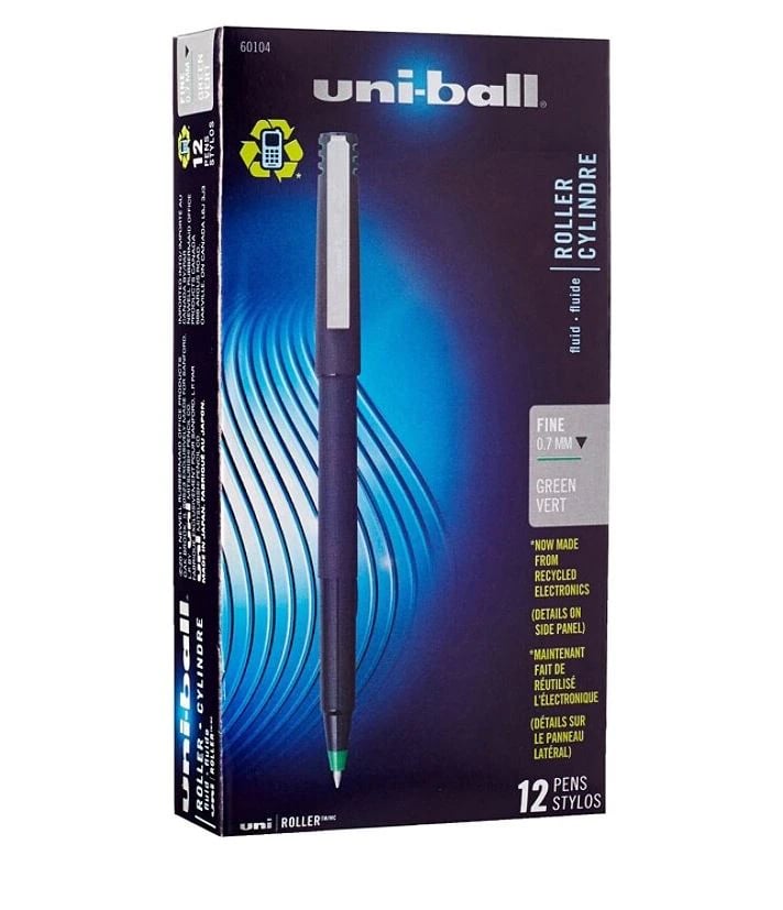 uni-ball Rollerball Fine Point Pen, 0.7 mm, Green, 12/Pack