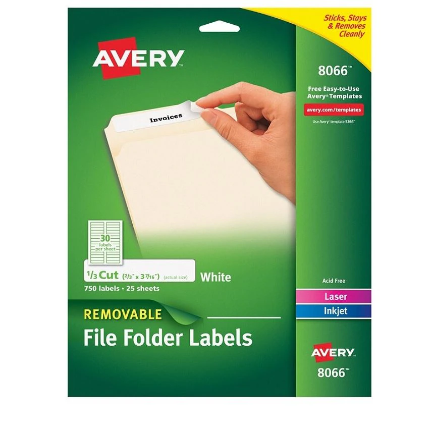 Avery Removable Inkjet File Folder Labels, 2/3" x 3 7/16", White, 750/Package