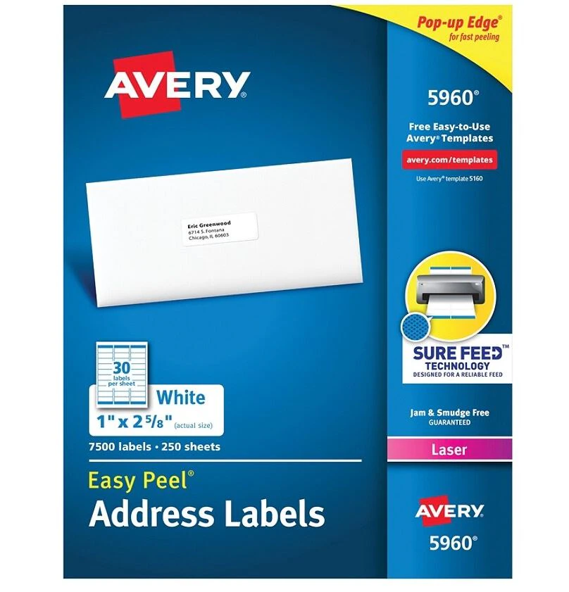 Avery White Laser Address Labels, 1" x 2 5/8", 7500/Box