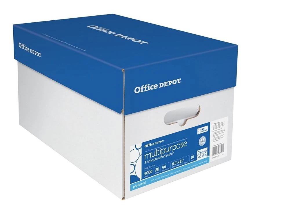 Office Depot Paper Copy 20lb X-Bright 3-Hole Punched, 8.5x11, 5000/Case