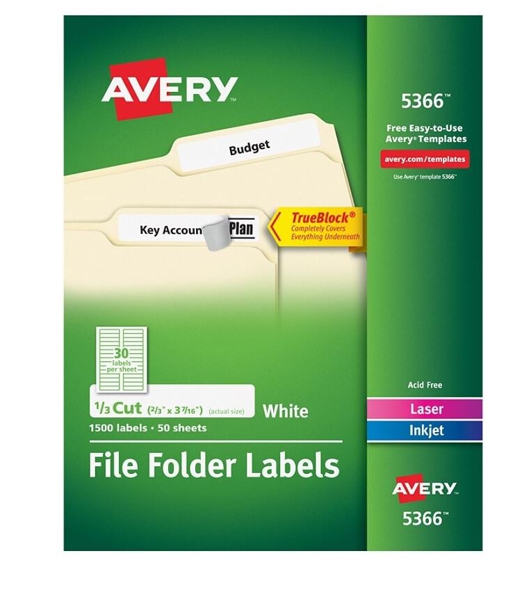 Avery Permanent File Folder Labels, White, 2/3" x 3 7/16", 1500/Box