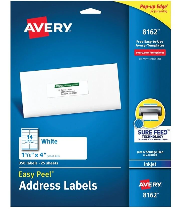 Avery White Inkjet Address Labels, 1 1/3" x 4", 350/Box