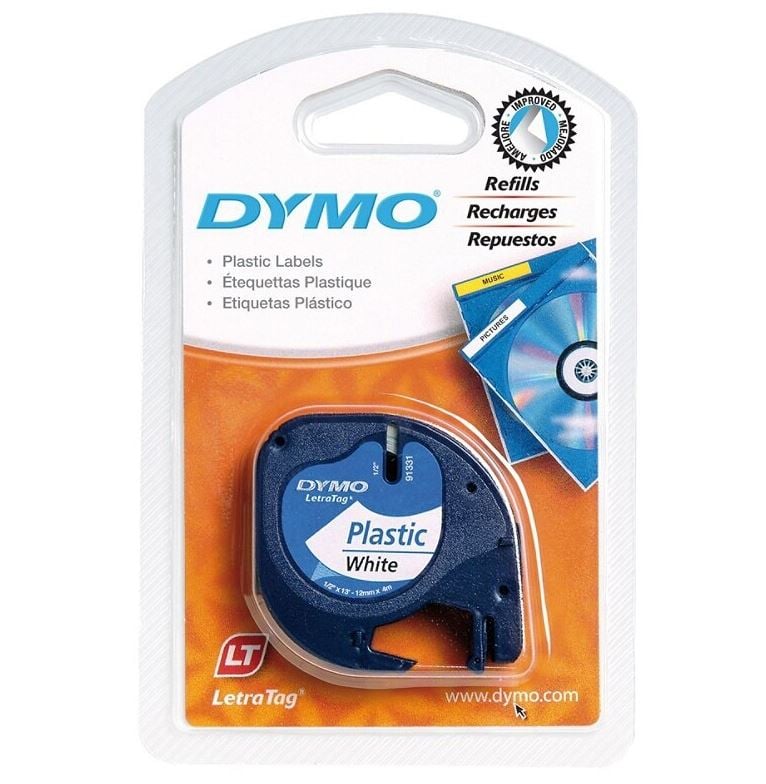 DYMO LetraTag #1331 Black On White Tape, 0.5" x 13', LT 91331