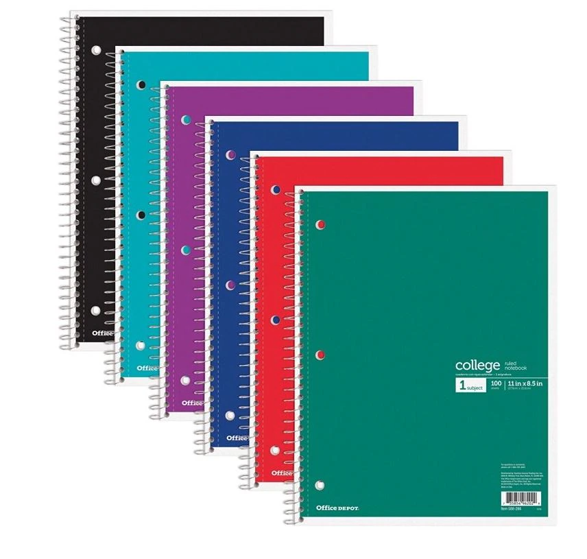 Office Depot Spiral Notebook, 1 Subject, 100 Pages, College Ruled, Assorted Colors, 8.5" x 11"