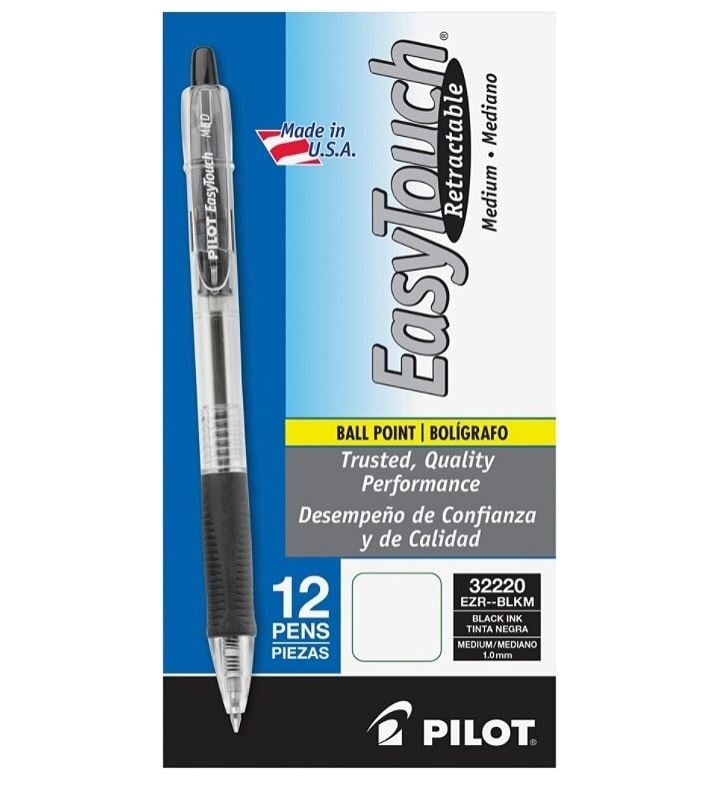 Pilot EasyTouch Retract Ballpoint Pen, Medium Point, 1.0mm, Black, 12/Pack