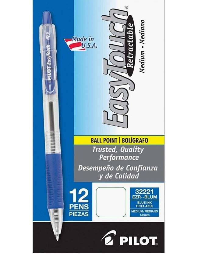 Pilot EasyTouch Retract Ballpoint Pen, Medium Point 1.0mm, Blue, 12/Pack
