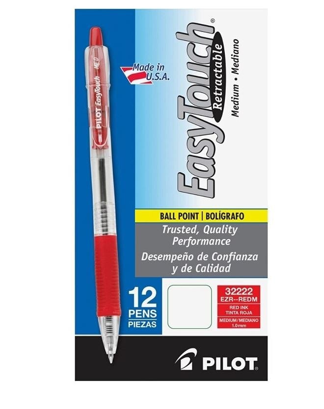Pilot EasyTouch Retractable Ballpoint Pen, Medium Point 1.0 mm, Red, 12/Pack