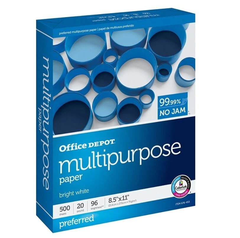 Office Depot Multipurpose Copy Paper, Letter Size, 8.5" x 11", 20 lb, 500 Sheets/Ream, 500/Package