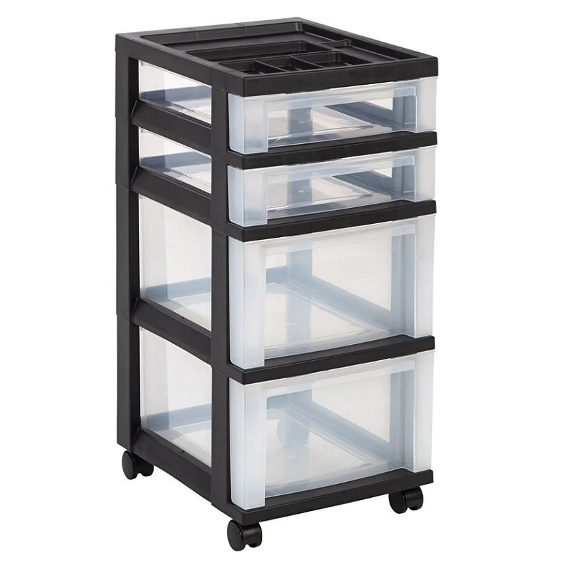 Med Plastic Storage Cart, 4 Drawers, Black