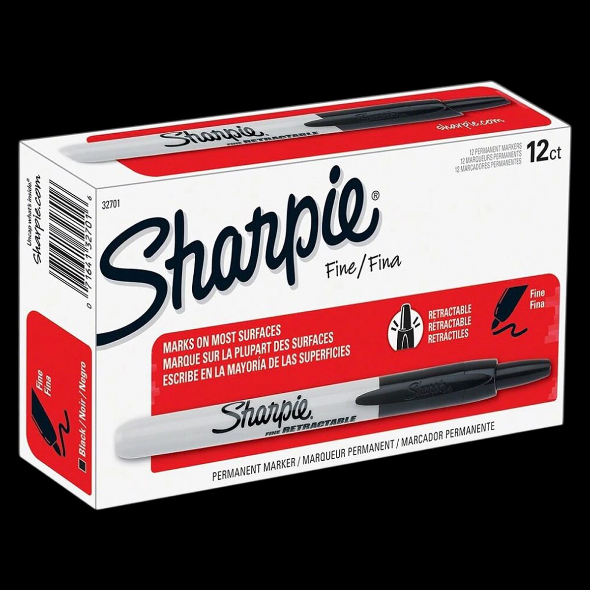 Sharpie Retractable Permanent Markers, Fine Point, Black, 12/Box