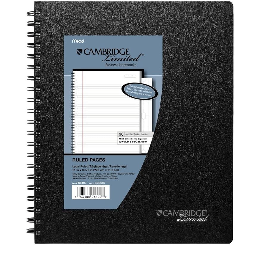 Office Depot Business Notebook, Cambridge, Legal Ruled, 8.5" x 11", 96 Sheets, Black, Each