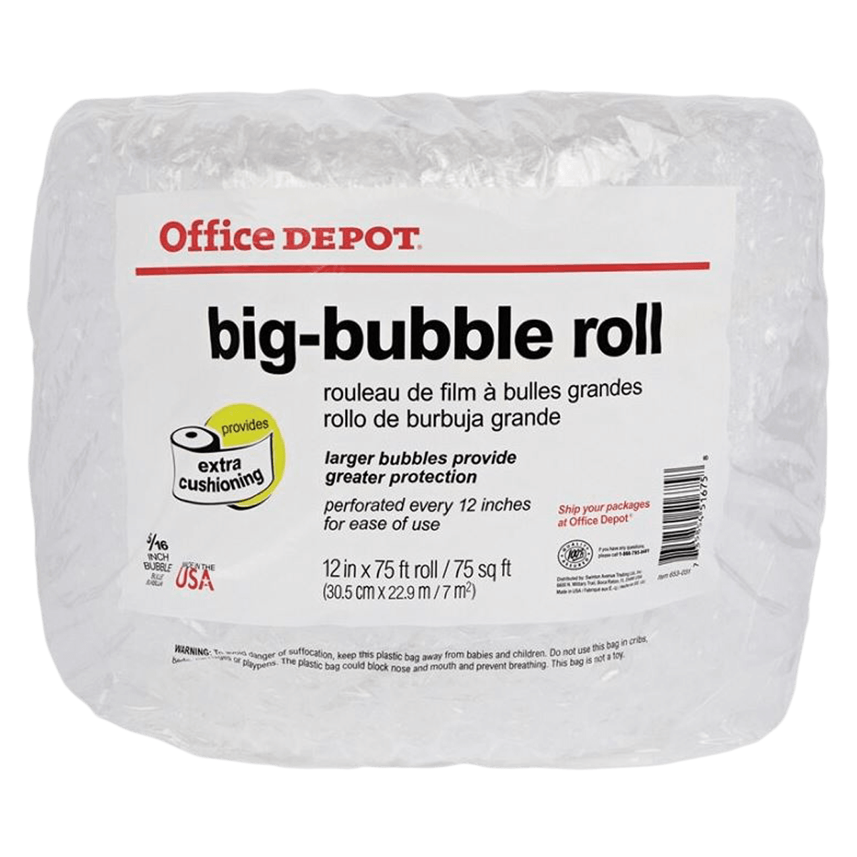 Office Depot Brand Cushion Bubble Roll, 5/16" Thick, Clear, 12" x 75'