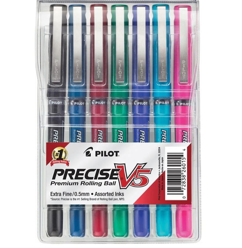 Pilot Precise V5 Rollerball Pens, Extra Fine Point, 0.5mm, Assorted Colors, 7/Pack
