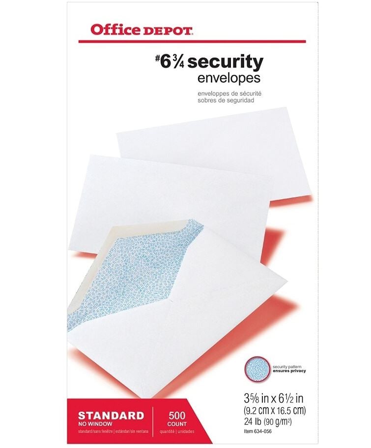 Envelope #6 3/4 Security, White, 3 5/8 in x 6 1/2 in, 500/Box
