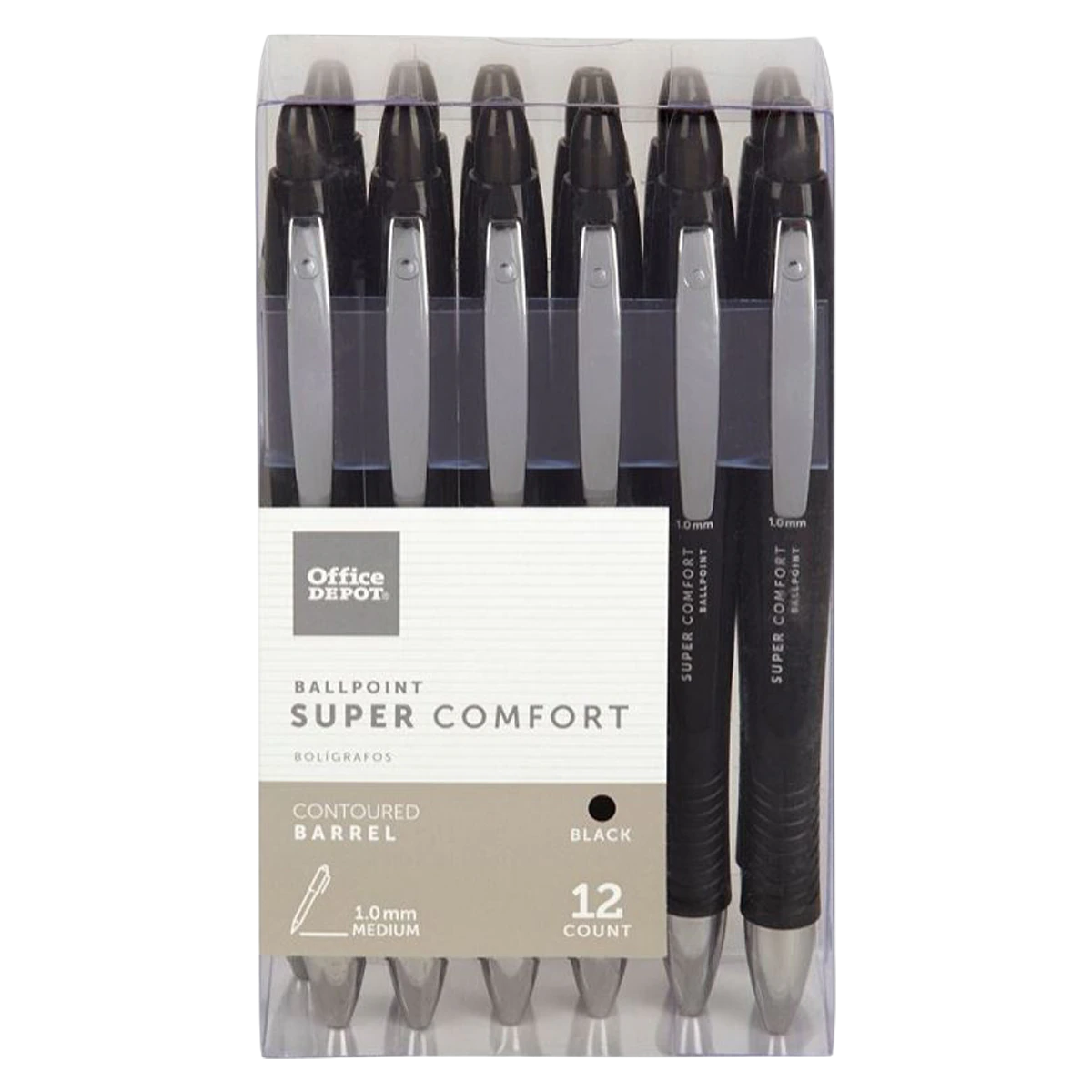 Office Depot Retract Rubber Grip Ballpoint Pen, Medium Point 1.0mm, Black, 12/Pack