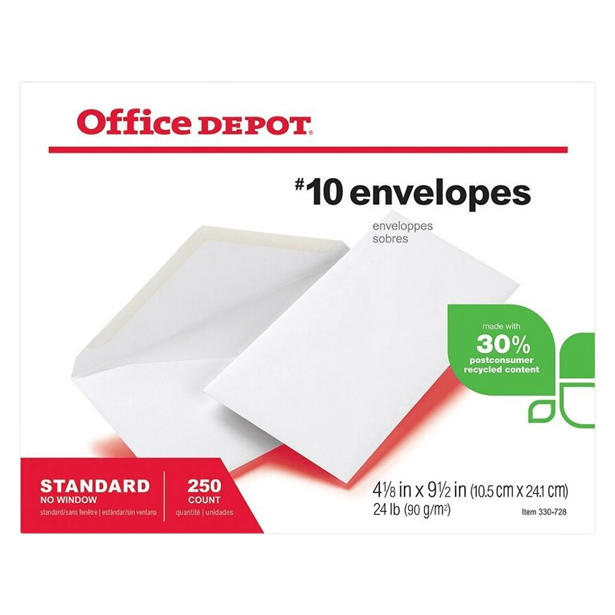 Office Depot Recycled White Wove Envelopes #10, 4 1/8 x 9 1/2 in, 250/Box