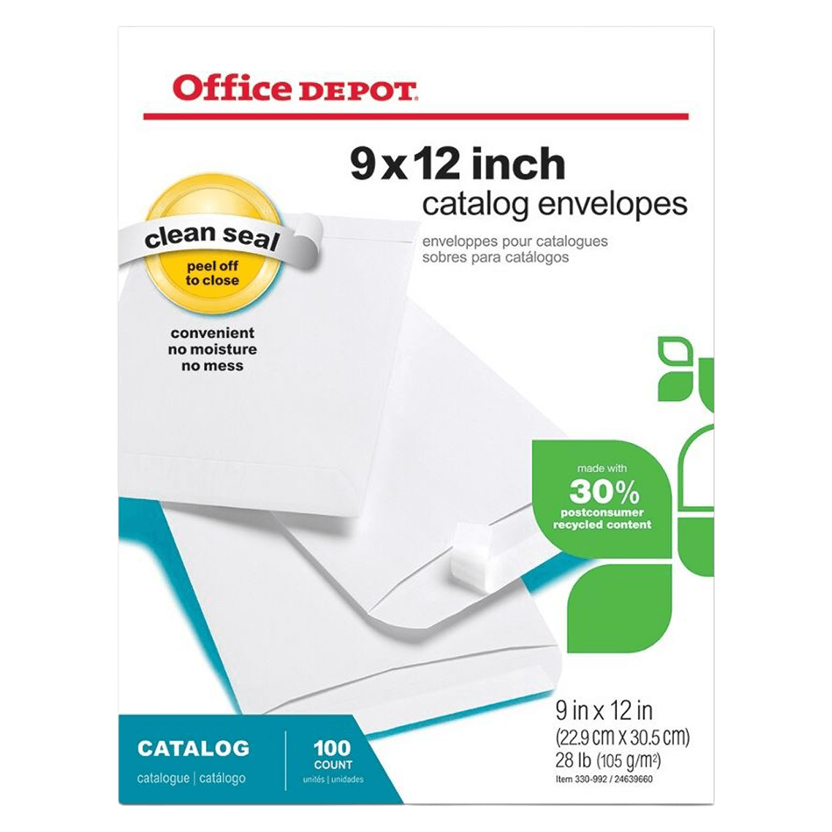 Office Depot Brand Catalog Envelopes, Clean Seal, 9x12 in, White, 100/Box
