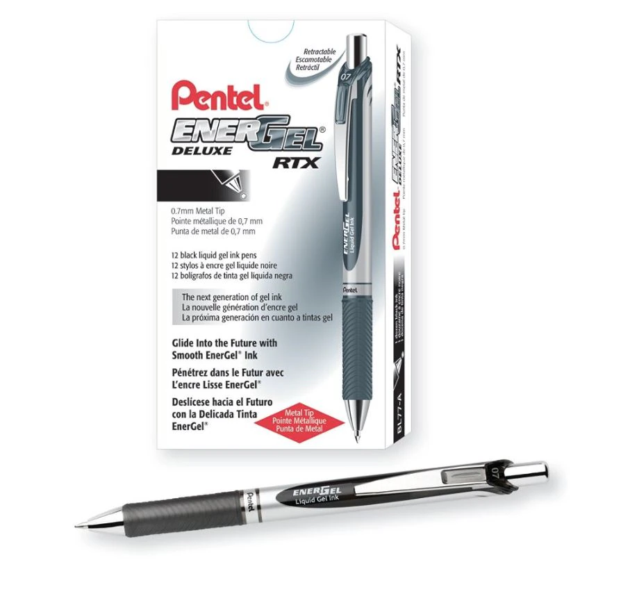 Pentel EnerGel Retract Liquid Gel Pen, Medium Point 0.7mm, Black, 12/Pack