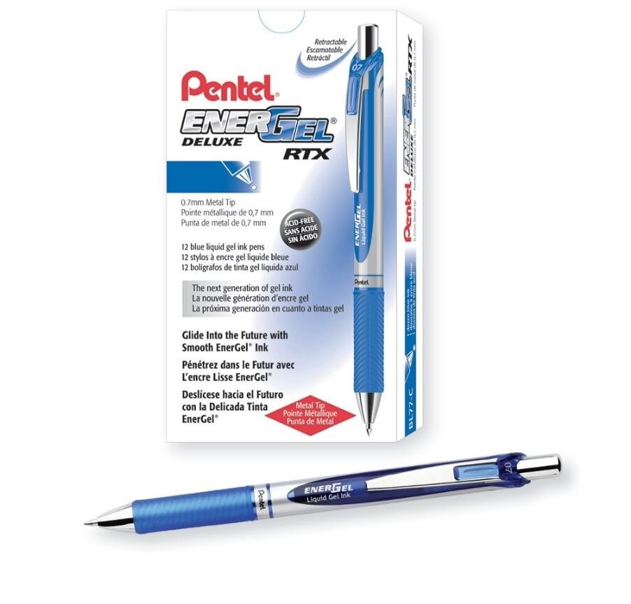 Pentel EnerGel Retract Liquid Gel Pen, Medium Point 0.7mm, Blue, 12/Pack
