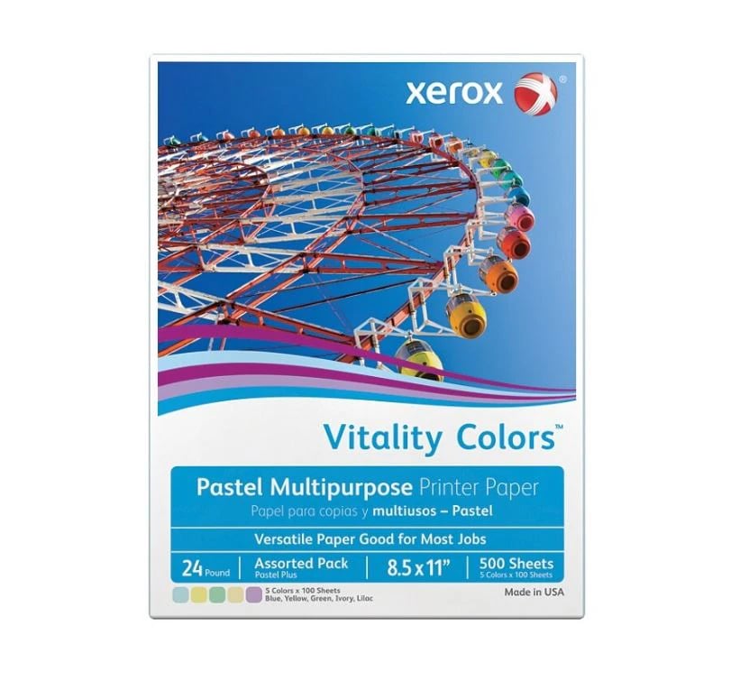 Xerox Pastel Multipurpose Paper, 8.5 x 11 in, 24 lb, Assorted Colors, 500 Sheets/Ream