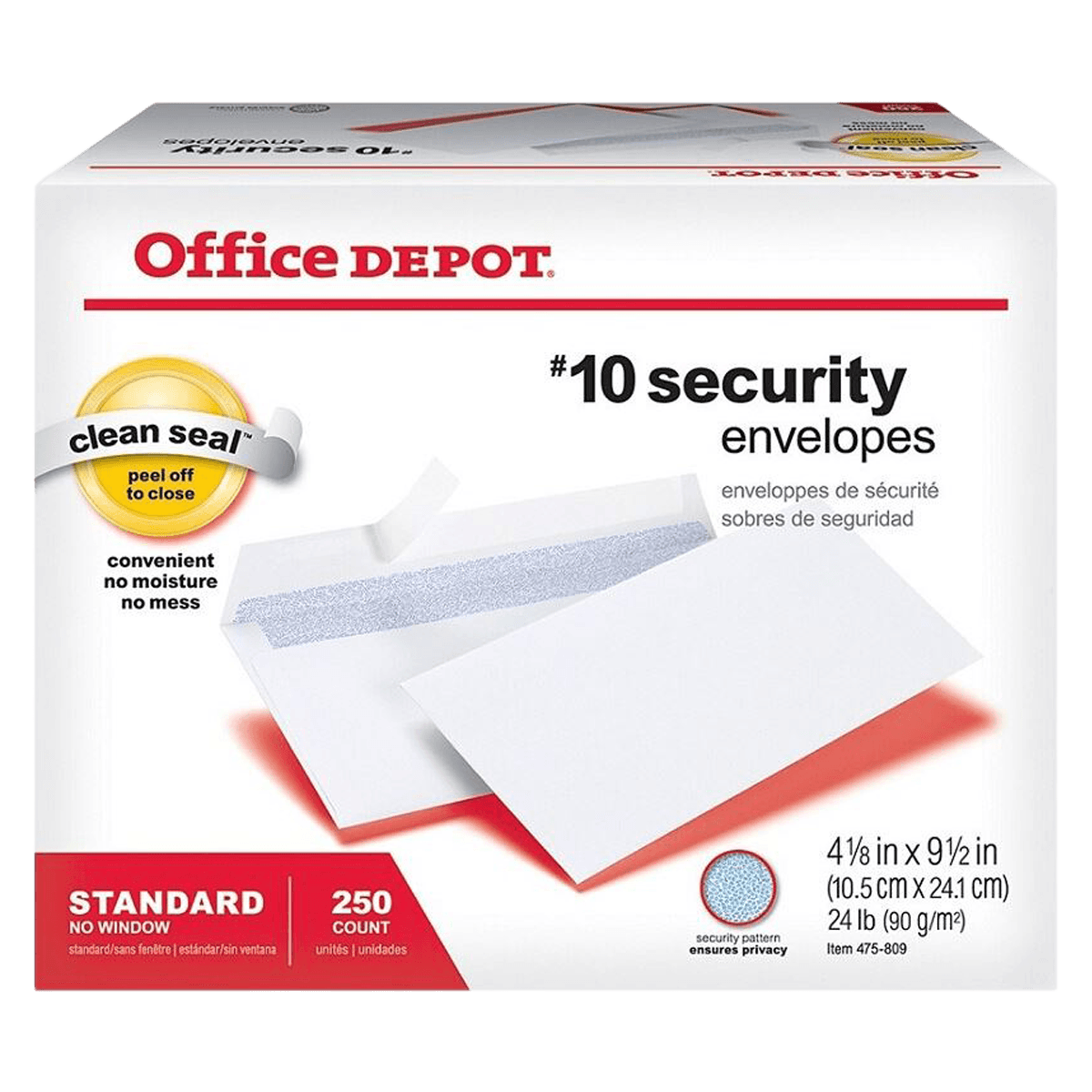 Clean-Seal #10 Security Envelopes, White, 4.125 x 9.5 in, 250/Box
