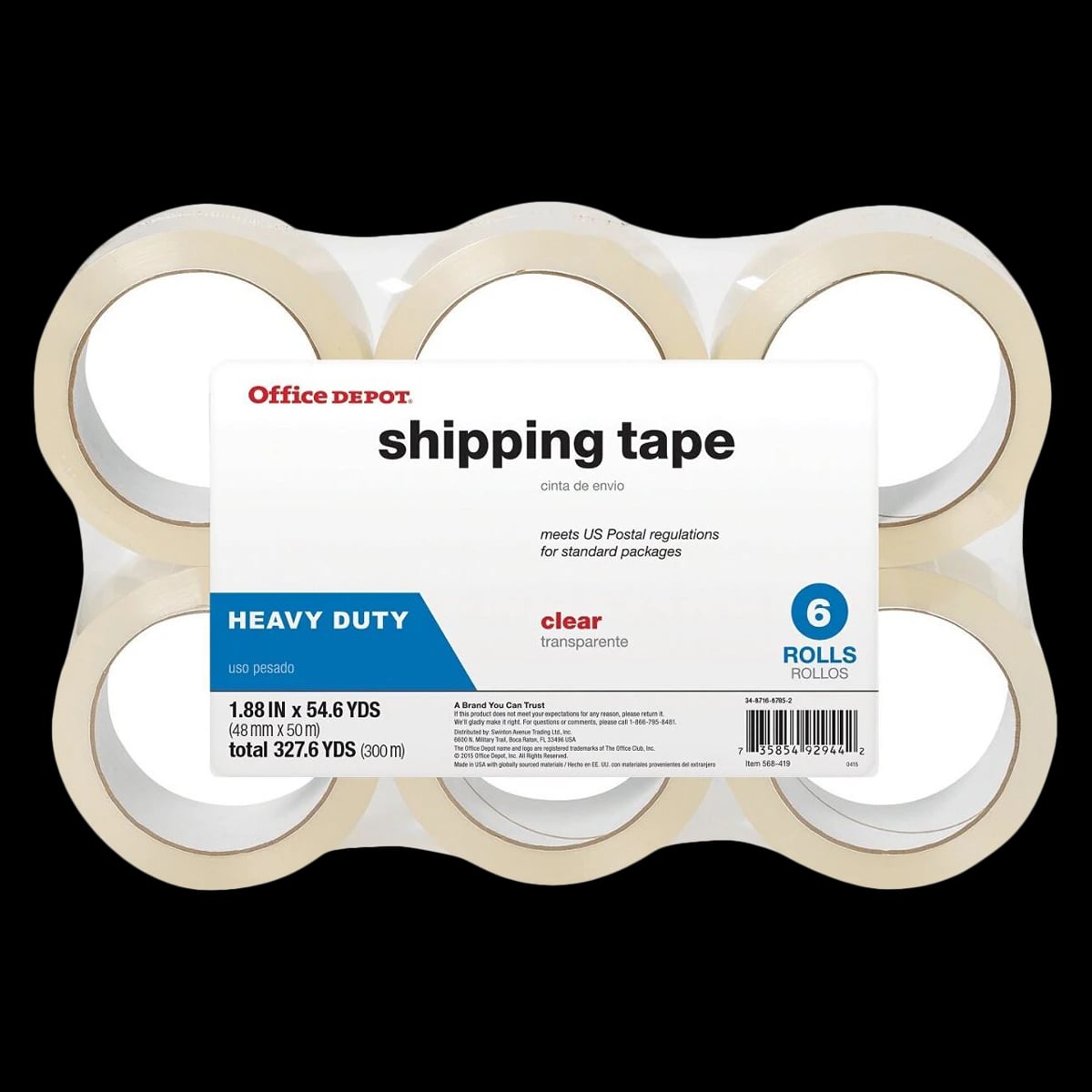 Office Depot Hot Melt Packing Tape, Heavy-Duty, Clear, 1.89 in x 54.6 Yd, 6/Pack