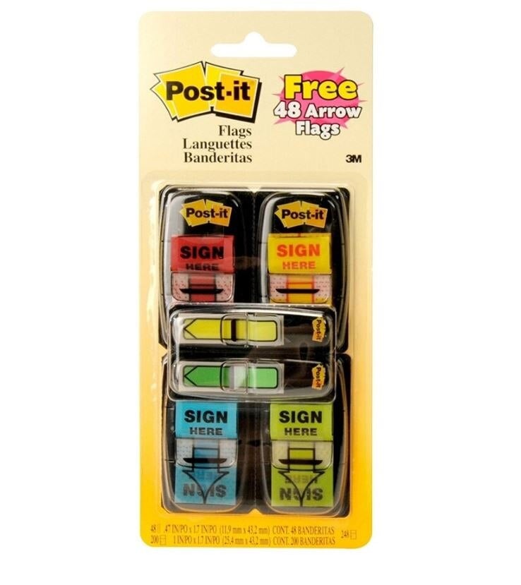 Post-it Printed Message Flags, "Sign Here", Assorted Colors, 50 Flags/Pad, 4 Pads/Pack, 5 Packs/Package