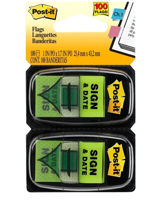 3M "Sign & Date" Printed Flags, 1 in x 1.7 in, Green, 50 Flags/Pad, 2 Pads/Pack, 2 Packs/Package