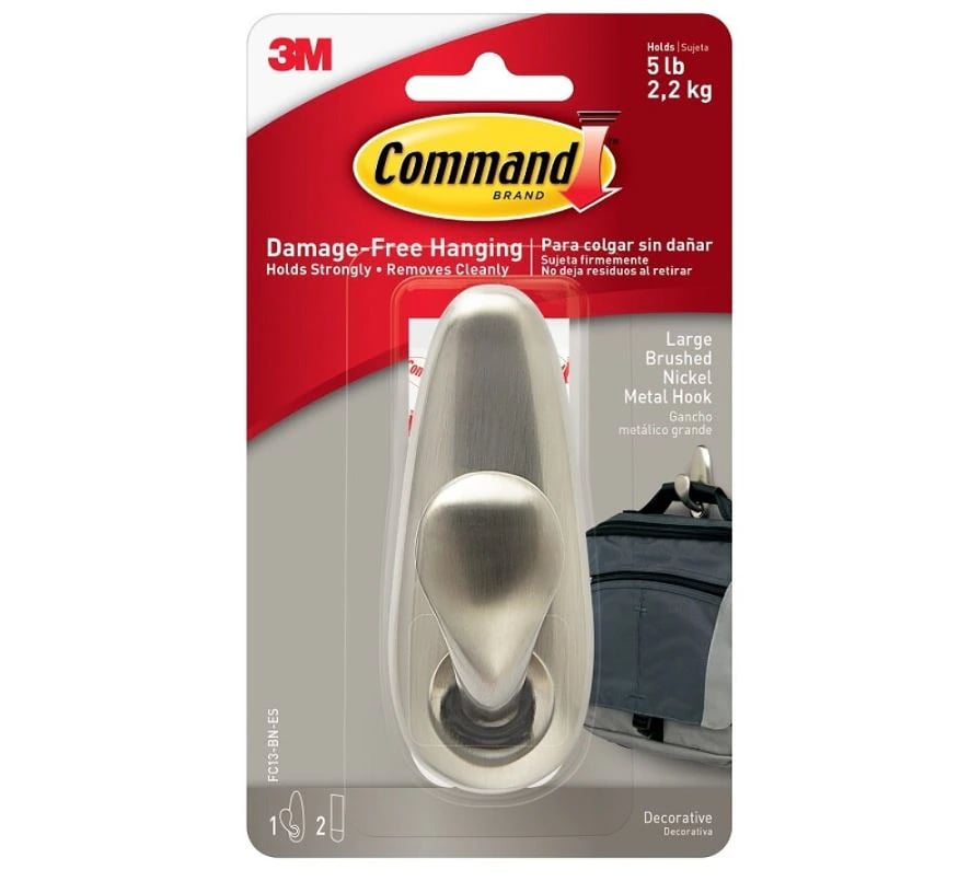 3M Command Damage-Free Hook Forever Classic Large, Brushed Nickel, 5 lb Capacity