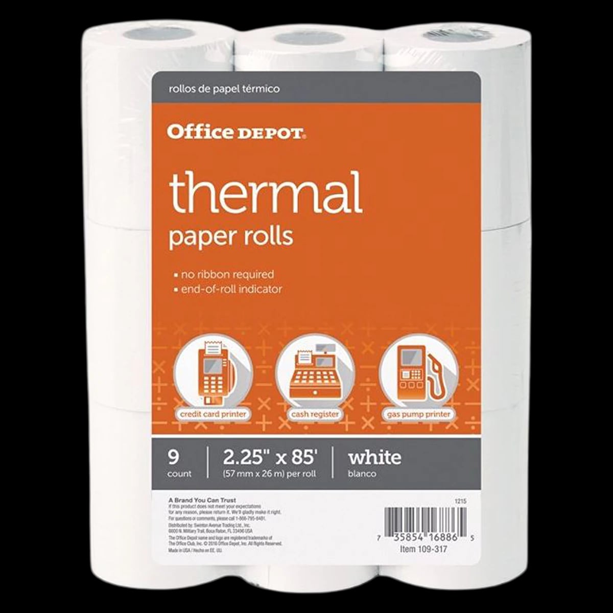 Office Depot Brand Thermal Paper Rolls, 2.25" x 85 ft, White, 9/Box