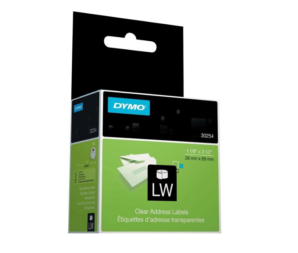 DYMO LabelWriter 30254 Clear Address Label Roll, 1-1/8" x 3.5", 130 Labels/Box