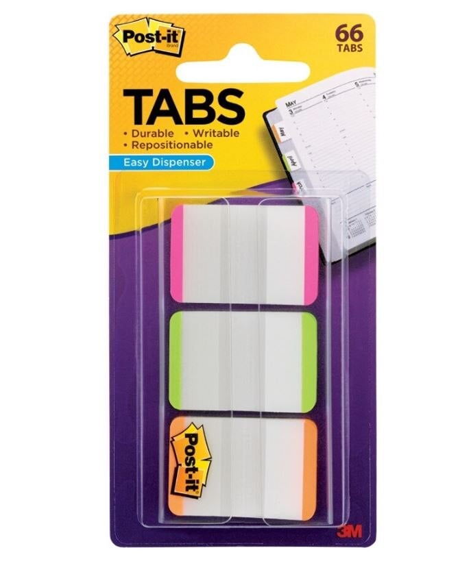 Post-it Durable Tabs, 1 in x 1.5 in, Green/Orange/Pink, 22 Flags per Pad, 3 Pads per Pack, 3 Packs per Package