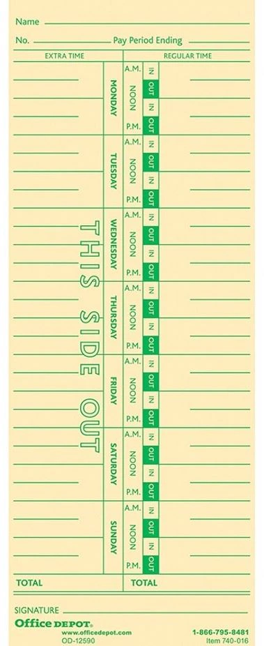 Office Depot Business Services Time Cards, Clock, Weekly Monday-Sunday Format, 1-Sided, Manila, 100/Pack