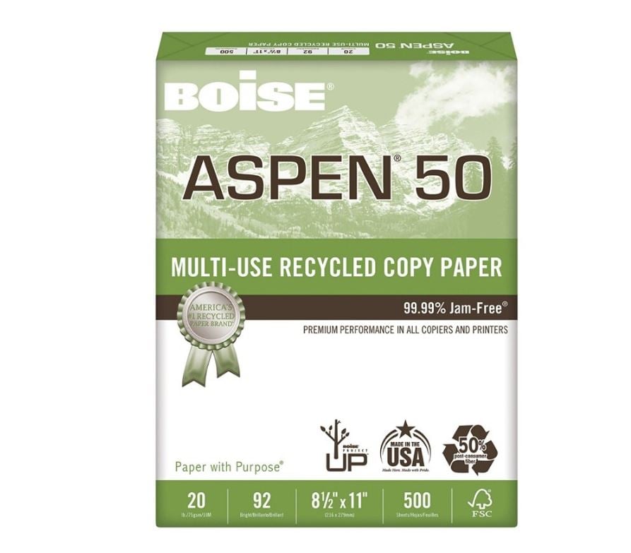Boise Aspen 50% Recycled Copy Paper, 8.5" x 11", 20 lb, 500 Sheets/Ream, 01KWC87QESMNJB47JY6RHRANHC