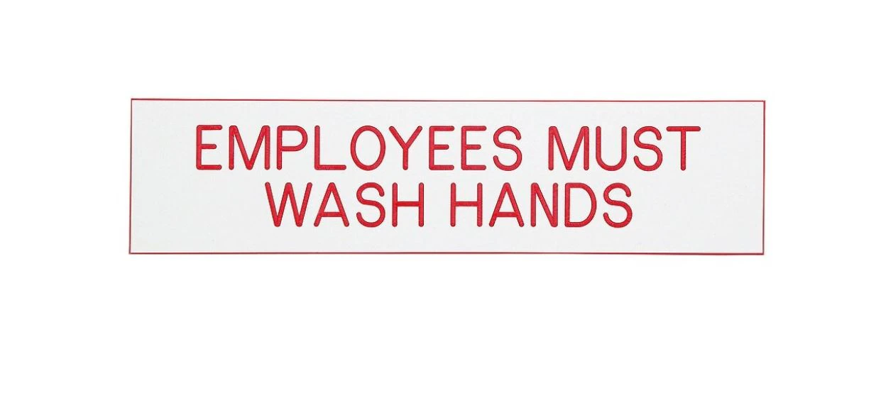 Employees Must Wash Hands Acrylic Sign, White with Red Text, 2x8 inches