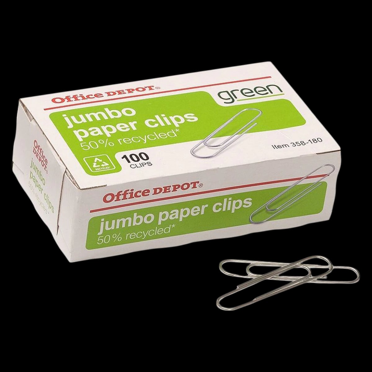 Officemate Giant Recycled Paper Clips, 2 inch, Silver, 100/Box