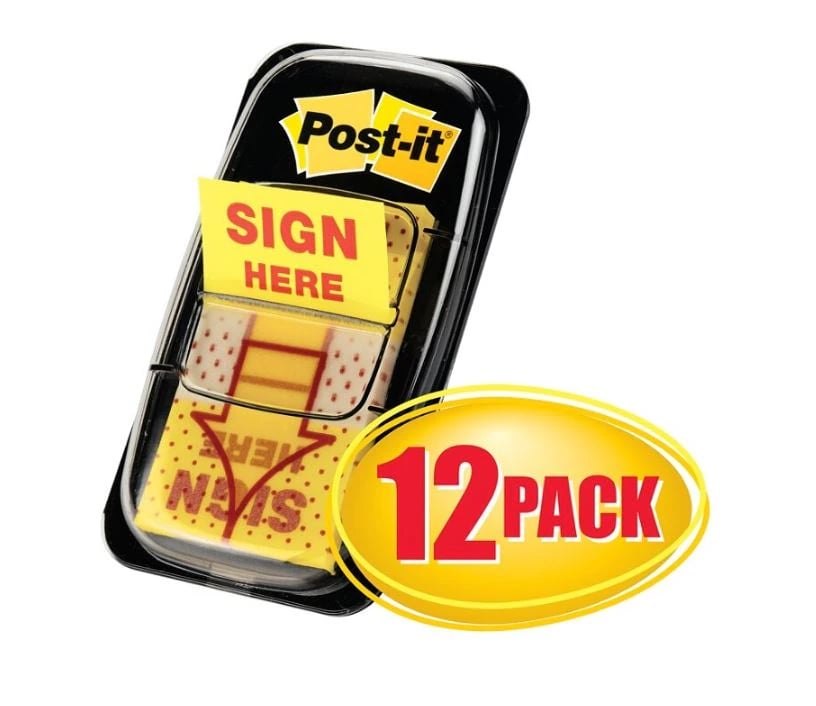 Post-it Printed Flags "Sign Here", 1 in x 1.7 in, Yellow, 50 Flags per Pad, 12 Pads per Pack (12/Package)