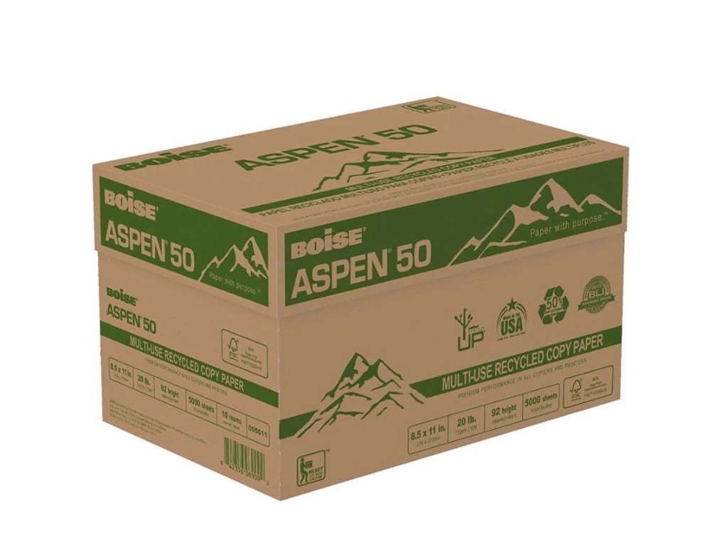 Boise Recycled Multipurpose Paper, 92 Brightness, 8.5" x 11", 500 Sheets/Ream, 10 Reams/Case
