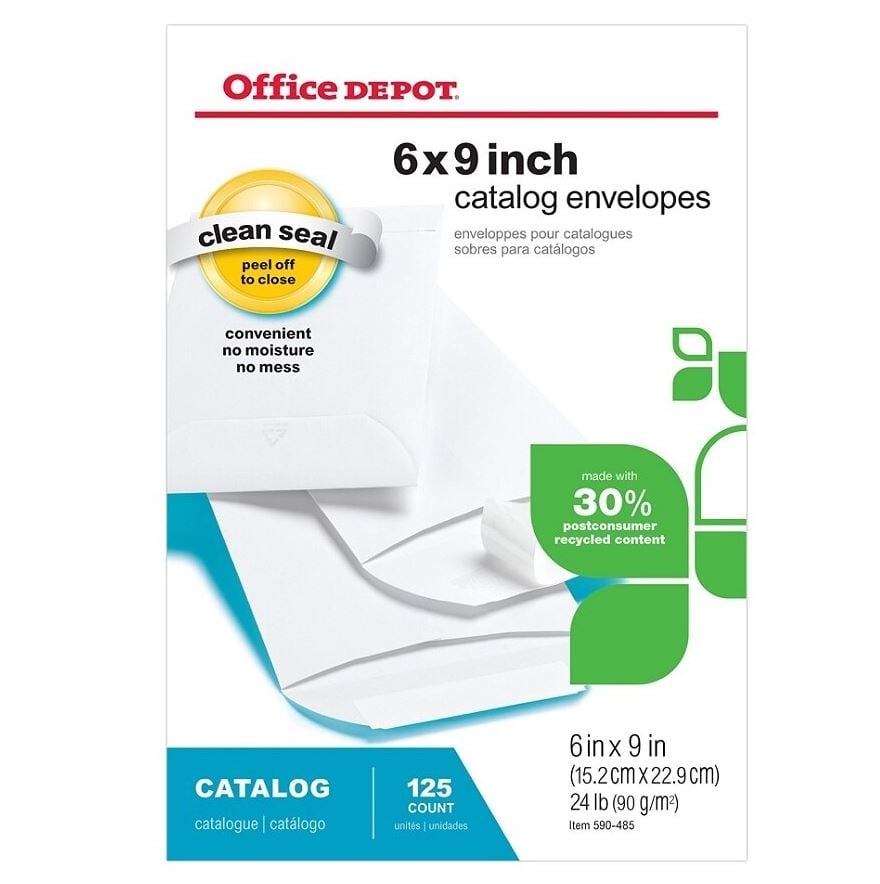 Office Depot Clean Seal Catalog Envelopes, Recycled, 6 x 9 in, White, 125/Package