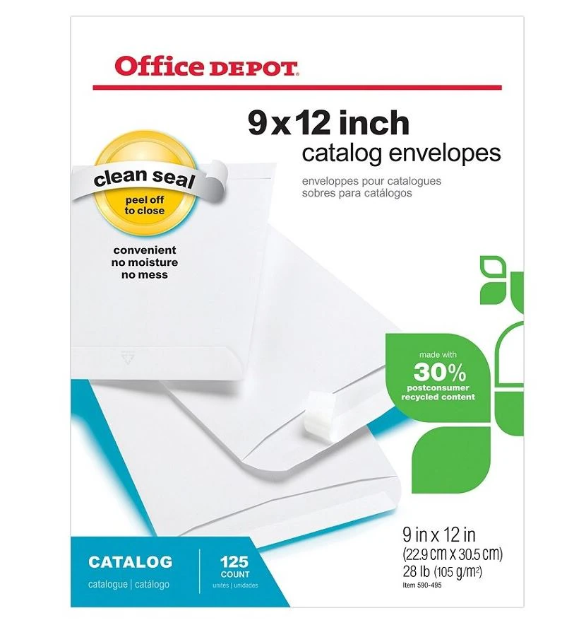 Office Depot Brand Clean Seal Catalog Envelopes, 9 x 12 in, White, 125/Box