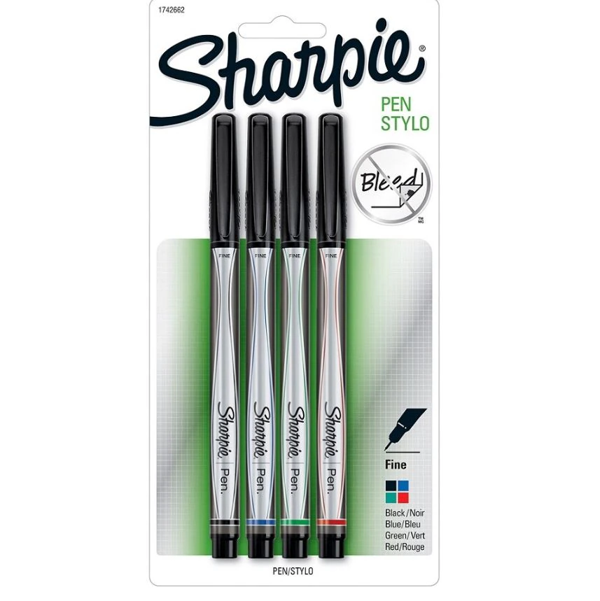 Sharpie Fine Point Pen, 0.3mm, Assorted Colors, 4/Pack